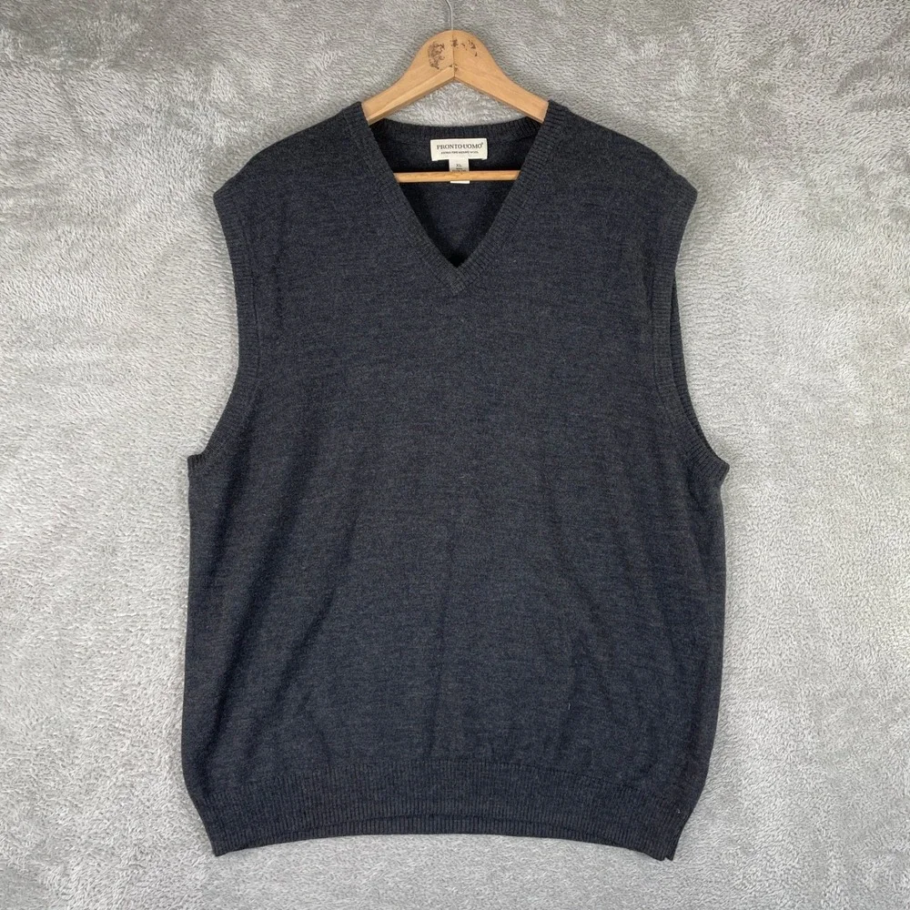 Pronto Uomo Sweater Vest Mens XL Gray Extra Fine Merino Wool V Neck Preppy
